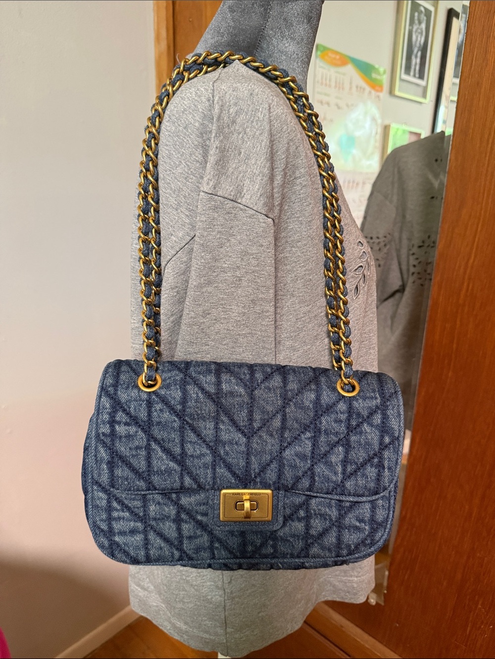 Karl Lagerfeld Quilted Denim Shoulder Bag with Gold Chain